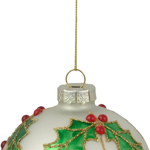 4.5" White Glass Christmas Ball Ornament With Holly Leaves 4 4.5" White Glass Christmas Ball Ornament With Holly Leaves - Image 2
