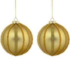Northlight Set Of 2 Gold Striped Glittered Glass Christmas Ball Ornaments 4"