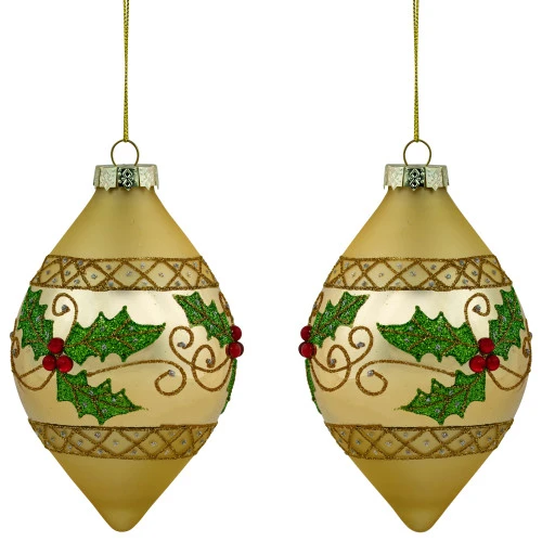 Northlight Set Of 2 Golden Glitter Holly Finial Christmas Glass Ornaments 5" 3 Northlight Set Of 2 Golden Glitter Holly Finial Christmas Glass Ornaments 5"