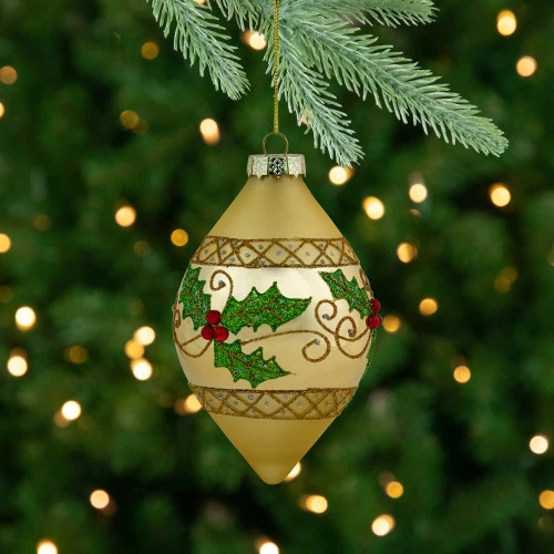 Northlight Set Of 2 Golden Glitter Holly Finial Christmas Glass Ornaments 5" 4 Northlight Set Of 2 Golden Glitter Holly Finial Christmas Glass Ornaments 5" - Image 2