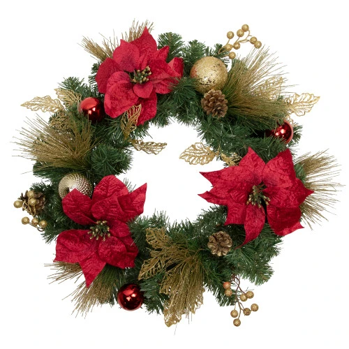 Poinsettias And Ball Ornaments Artificial Christmas Wreath - 24-Inch, Unlit 3 Poinsettias And Ball Ornaments Artificial Christmas Wreath - 24-Inch, Unlit