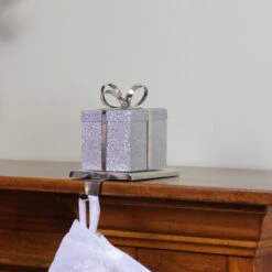 Northlight 5.5" Silver Glitter Gift Box With Bow Christmas Metal Stocking Holder -Christmas Decor Sale northlight wy15258 3 61533.1691247511