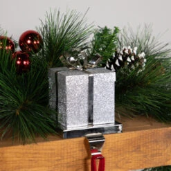 Northlight 5.5" Silver Glitter Gift Box With Bow Christmas Metal Stocking Holder -Christmas Decor Sale northlight wy15258 styled 2 03843.1691247510