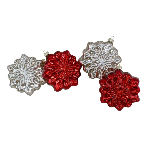 Northlight 4ct Red And Silver Glass Snowflake Hanging Christmas Decorations 3.75-Inch (100mm) 3 Northlight 4ct Red And Silver Glass Snowflake Hanging Christmas Decorations 3.75-Inch (100mm)