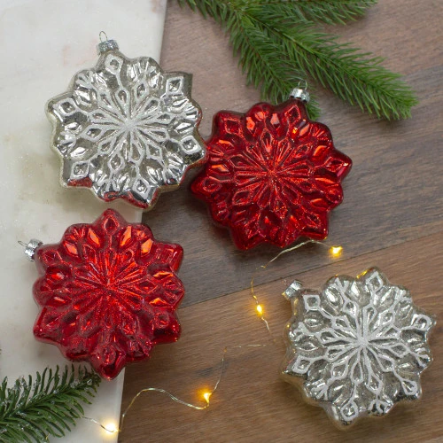 Northlight 4ct Red And Silver Glass Snowflake Hanging Christmas Decorations 3.75-Inch (100mm) 4 Northlight 4ct Red And Silver Glass Snowflake Hanging Christmas Decorations 3.75-Inch (100mm) - Image 2