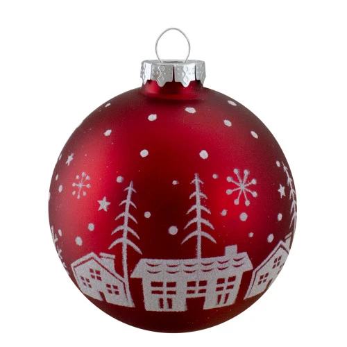 Northlight Matte Glass City Scene Christmas Ball Ornaments - 3.25" (80mm) - Red - Set Of 4 4 Northlight Matte Glass City Scene Christmas Ball Ornaments - 3.25" (80mm) - Red - Set Of 4 - Image 2