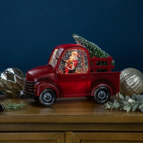 Northlight LED Lighted Santa In Red Retro Truck With Christmas Tree Snow Globe - 9" 3 Northlight LED Lighted Santa In Red Retro Truck With Christmas Tree Snow Globe - 9"