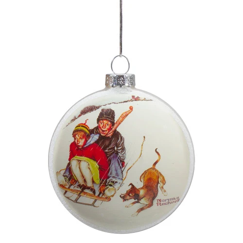 Northlight 3" Norman Rockwell 'Young Love: Sledding' Glass Christmas Disc Ornament 3 Northlight 3" Norman Rockwell 'Young Love: Sledding' Glass Christmas Disc Ornament