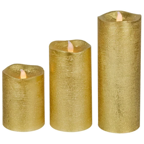 Northlight LED Brushed Flameless Christmas Pillar Candles - 8" - Gold Finish - Set Of 3 3 Northlight LED Brushed Flameless Christmas Pillar Candles - 8" - Gold Finish - Set Of 3