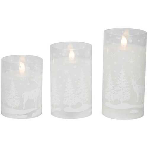 Northlight LED Flameless Flickering Snowy Woodland Glass Christmas Pillar Candles - 6" - Set Of 3 3 Northlight LED Flameless Flickering Snowy Woodland Glass Christmas Pillar Candles - 6" - Set Of 3