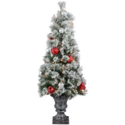Northlight 4’ Pre-Lit Potted Snowy Bristle Pine Flocked Artificial Christmas Tree, Clear Lights