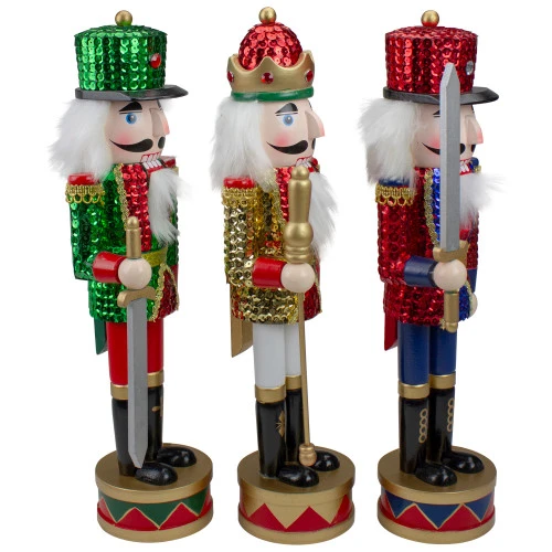 Set Of 3 Red Sequin Jacket Wooden Christmas Nutcrackers 14.25" 4 Set Of 3 Red Sequin Jacket Wooden Christmas Nutcrackers 14.25" - Image 2
