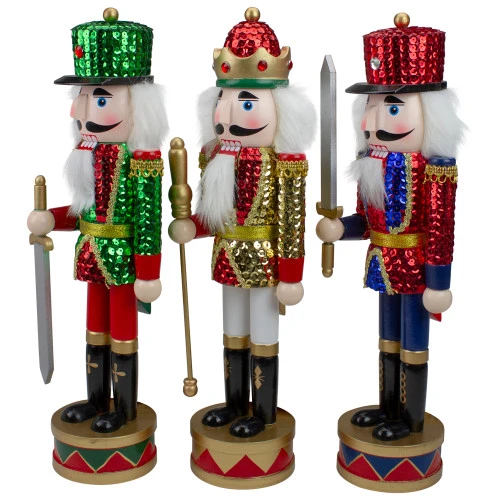 Set Of 3 Red Sequin Jacket Wooden Christmas Nutcrackers 14.25" 5 Set Of 3 Red Sequin Jacket Wooden Christmas Nutcrackers 14.25" - Image 3
