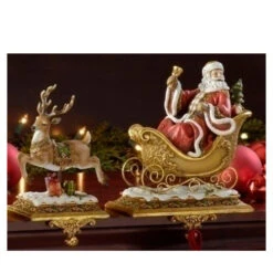 Northlight Set Of 2 Brown And Red Santa Claus With Reindeer Christmas Stocking Holders 9.5"