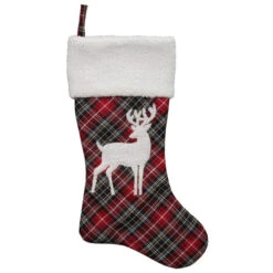 Northlight 20" Black And Red Tartan Reindeer Christmas Stocking With Cuff