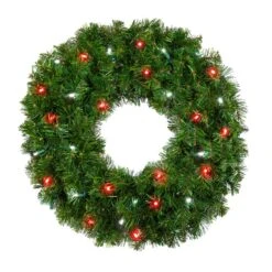 24" Deluxe Oregon Fir Wreath - Lit With Pure White And Red LEDs - No Bow