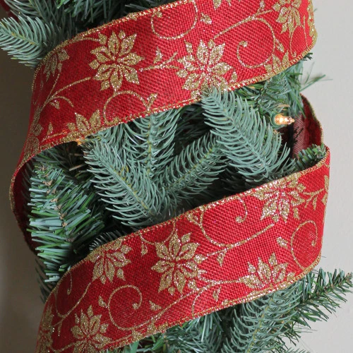 Northlight Cranberry Red And Gold Poinsettia Christmas Wired Craft Ribbon 2.5" X 10 Yards 4 Northlight Cranberry Red And Gold Poinsettia Christmas Wired Craft Ribbon 2.5" X 10 Yards - Image 2